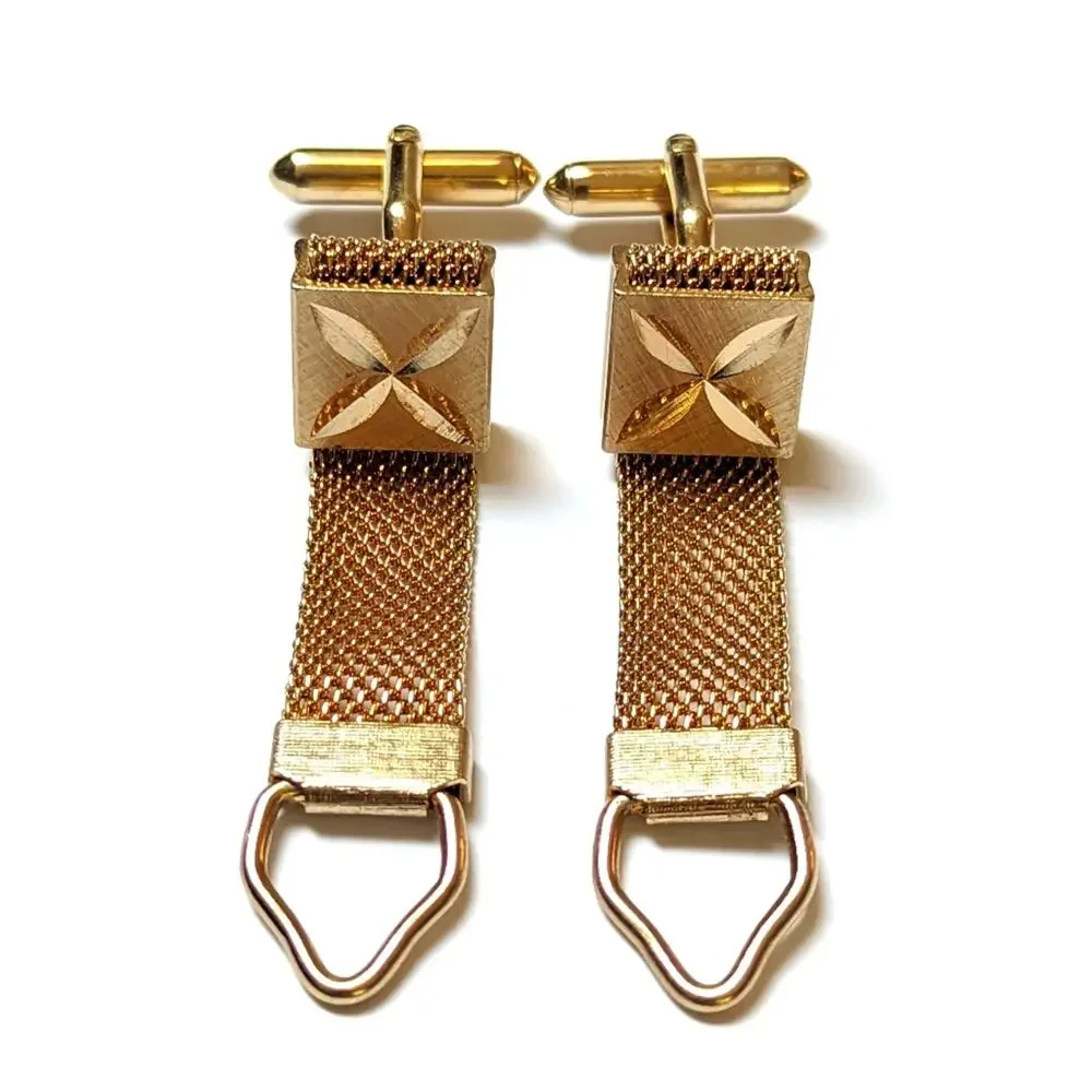 Vintage Swank Brushed Textured Gold Tone Square Cufflinks w/ Mesh Wrap